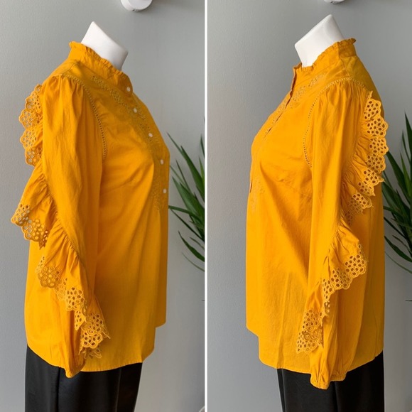 J. Crew Ruffle-Sleeve Embroidered Eyelet Top in Mustard Size Medium - Picture 6 of 10